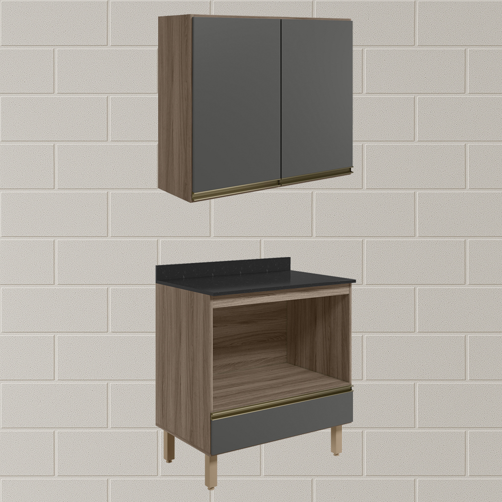 Armario Aereo Balcao Forno 80cm MDF Kali Carvalho Toq Chumbo Nicioli