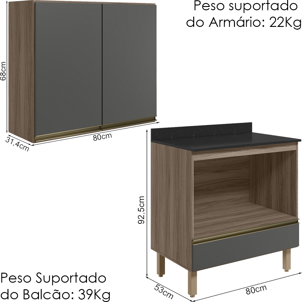Armario Aereo Balcao Forno 80cm MDF Kali Carvalho Toq Chumbo Nicioli