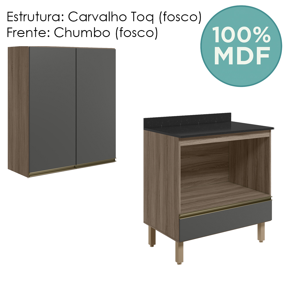 Armario Aereo Balcao Forno 80cm MDF Kali Carvalho Toq Chumbo Nicioli