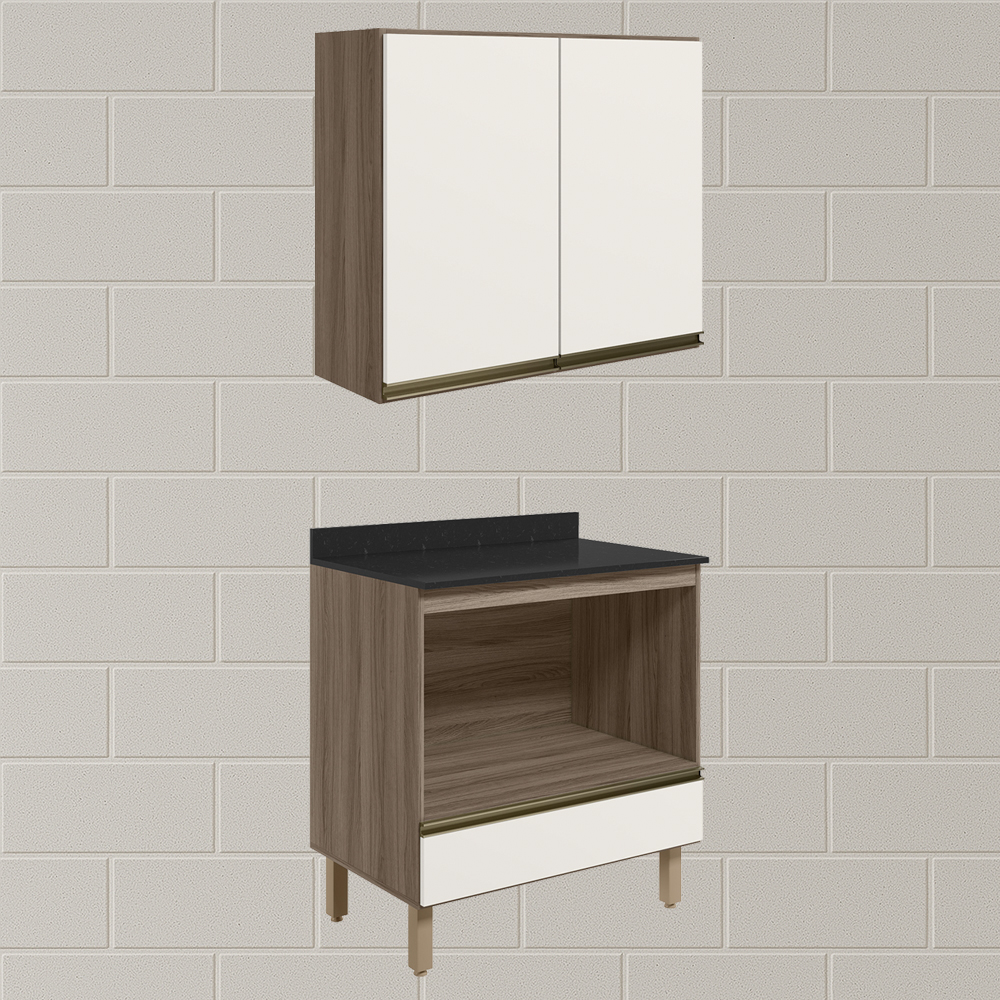 Armario Aereo Balcao Forno 80cm MDF Kali Carvalho Toq Off White Cetim Nicioli