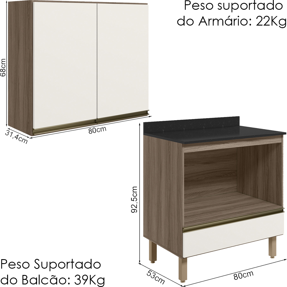 Armario Aereo Balcao Forno 80cm MDF Kali Carvalho Toq Off White Cetim Nicioli