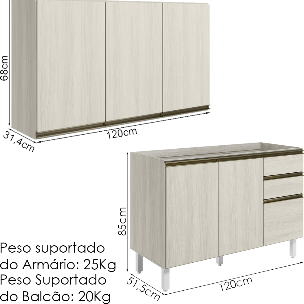 Armario Aereo Balcao Pia 120 cm MDF Kali Bianco Toq Bianco Toq Nicioli