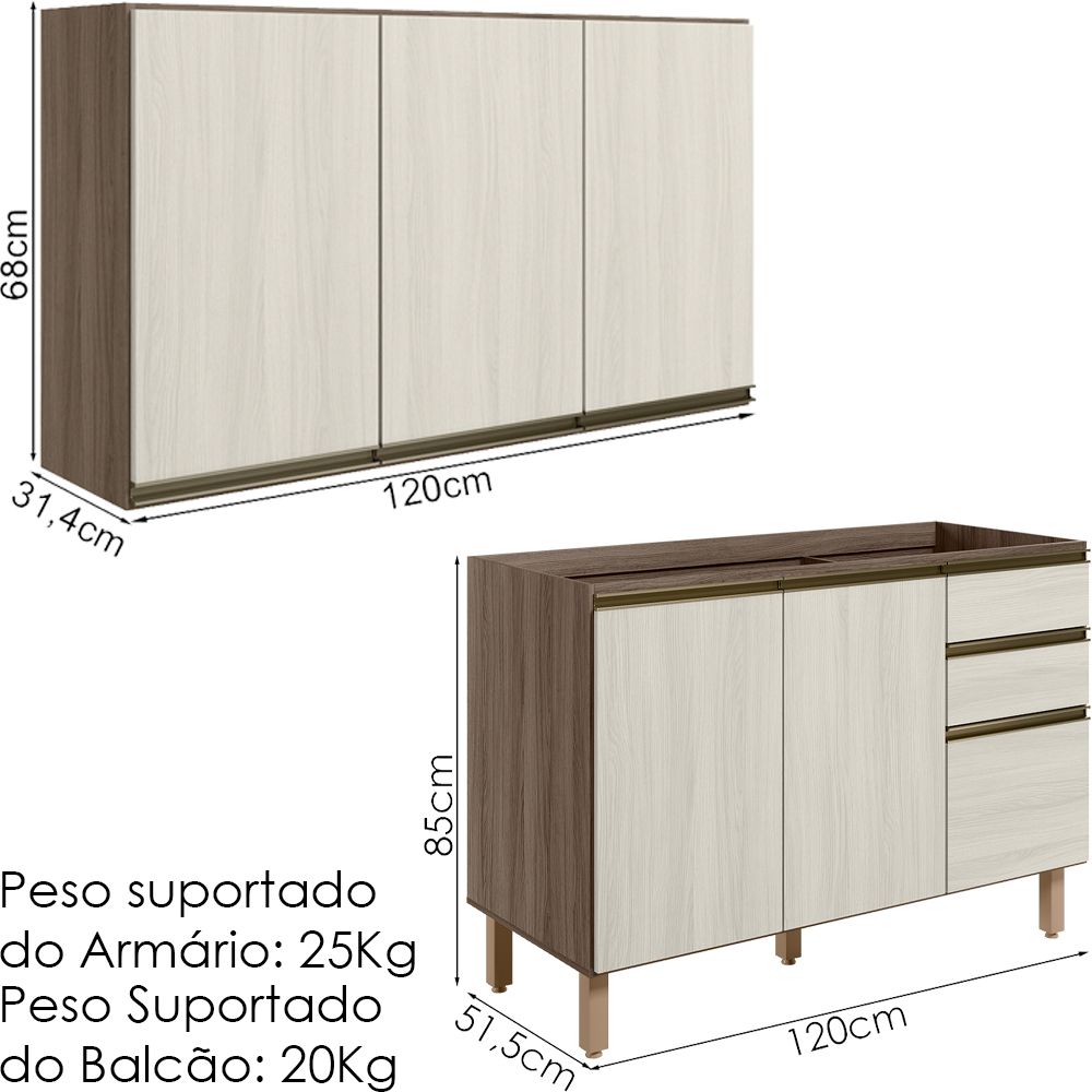 Armario Aereo Balcao Pia 120 cm MDF Kali Carvalho Toq Bianco Toq Nicioli