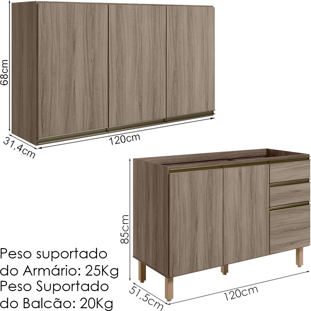 Armario Aereo Balcao Pia 120 cm MDF Kali Carvalho Toq Carvalho Toq Nicioli