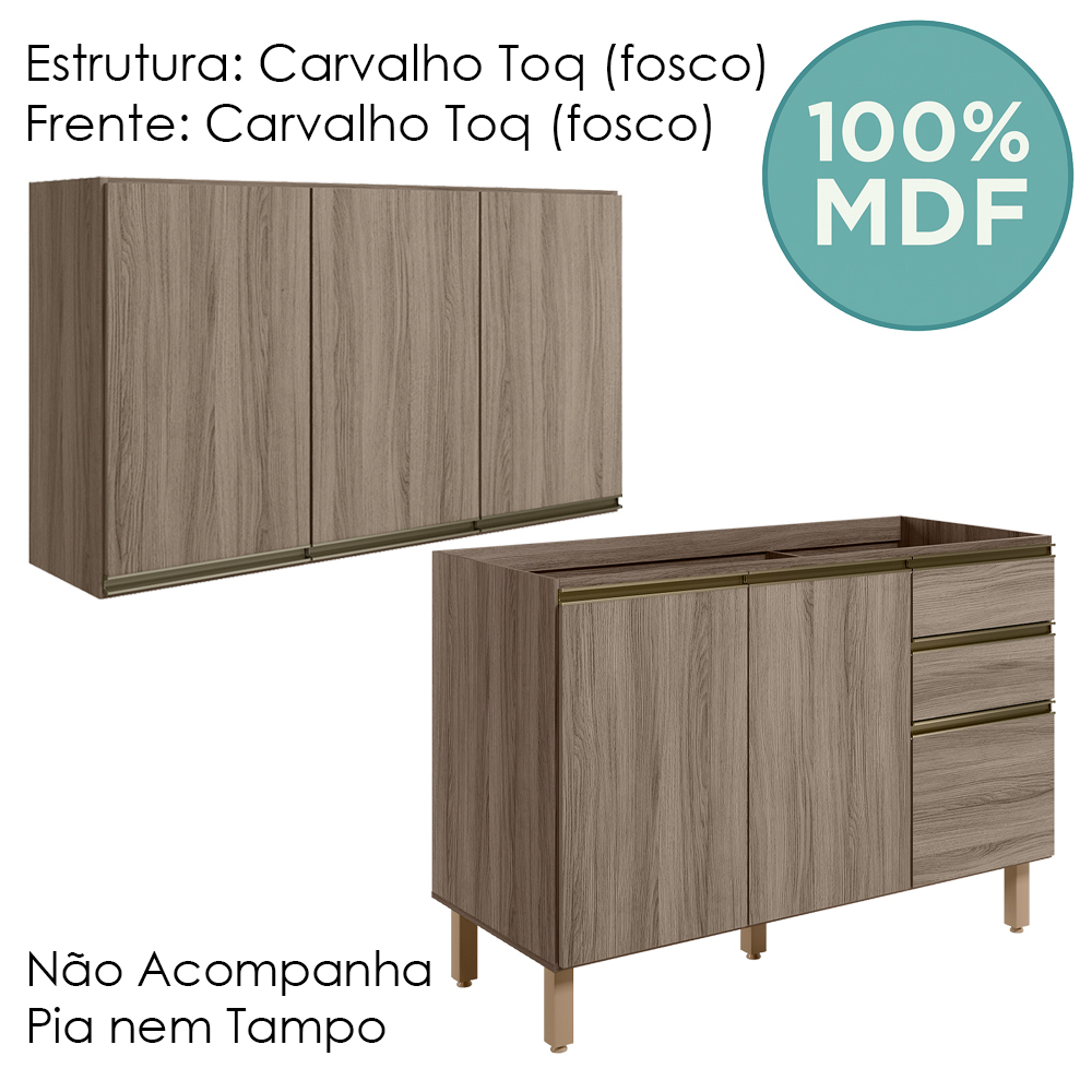 Armario Aereo Balcao Pia 120 cm MDF Kali Carvalho Toq Carvalho Toq Nicioli