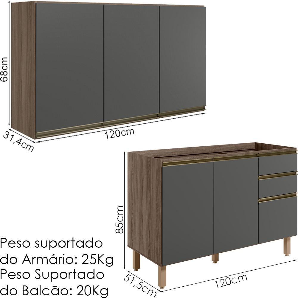 Armario Aereo Balcao Pia 120 cm MDF Kali Carvalho Toq Chumbo Nicioli