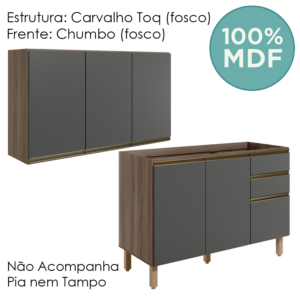 Armario Aereo Balcao Pia 120 cm MDF Kali Carvalho Toq Chumbo Nicioli