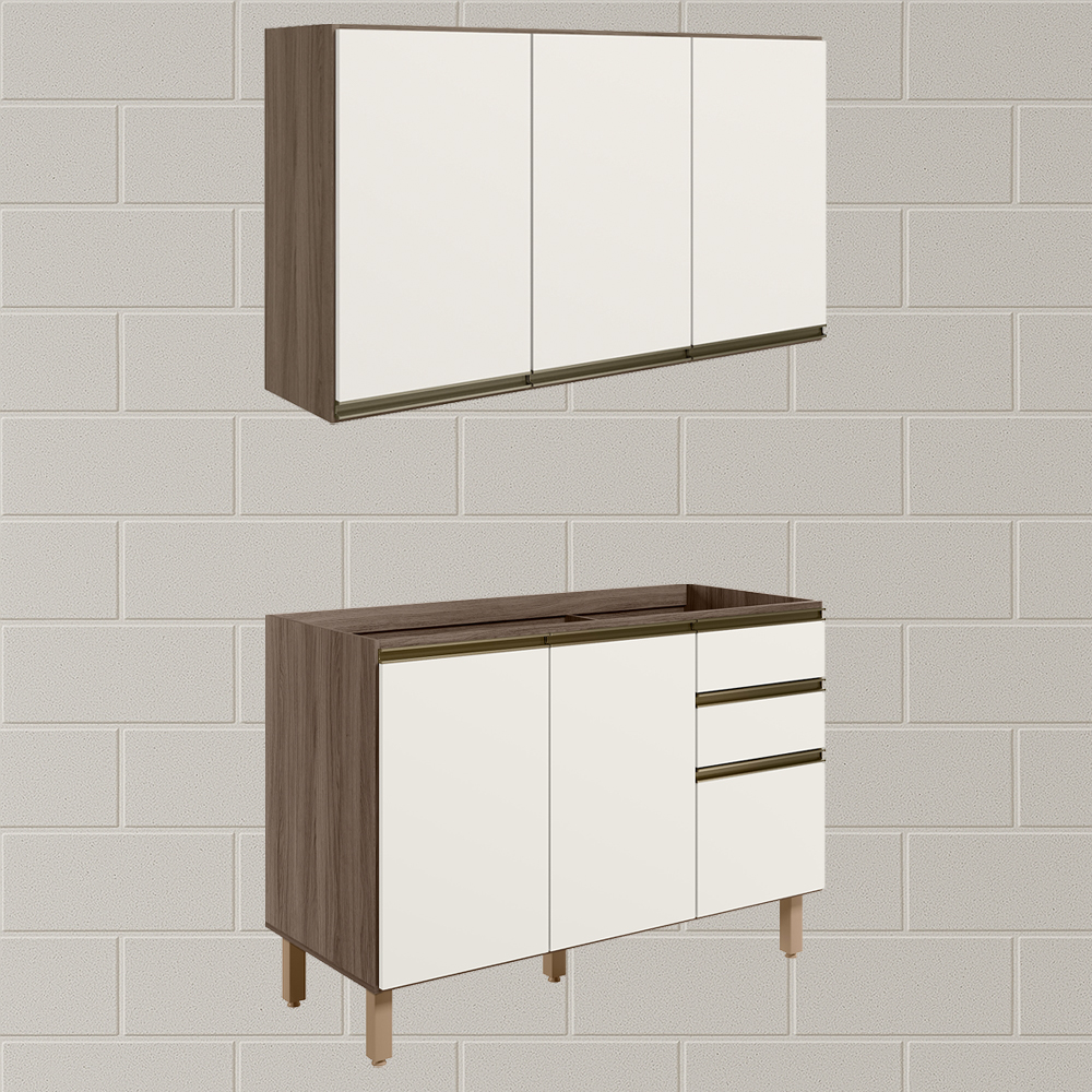 Armario Aereo Balcao Pia 120 cm MDF Kali Carvalho Toq Off White Cetim Nicioli