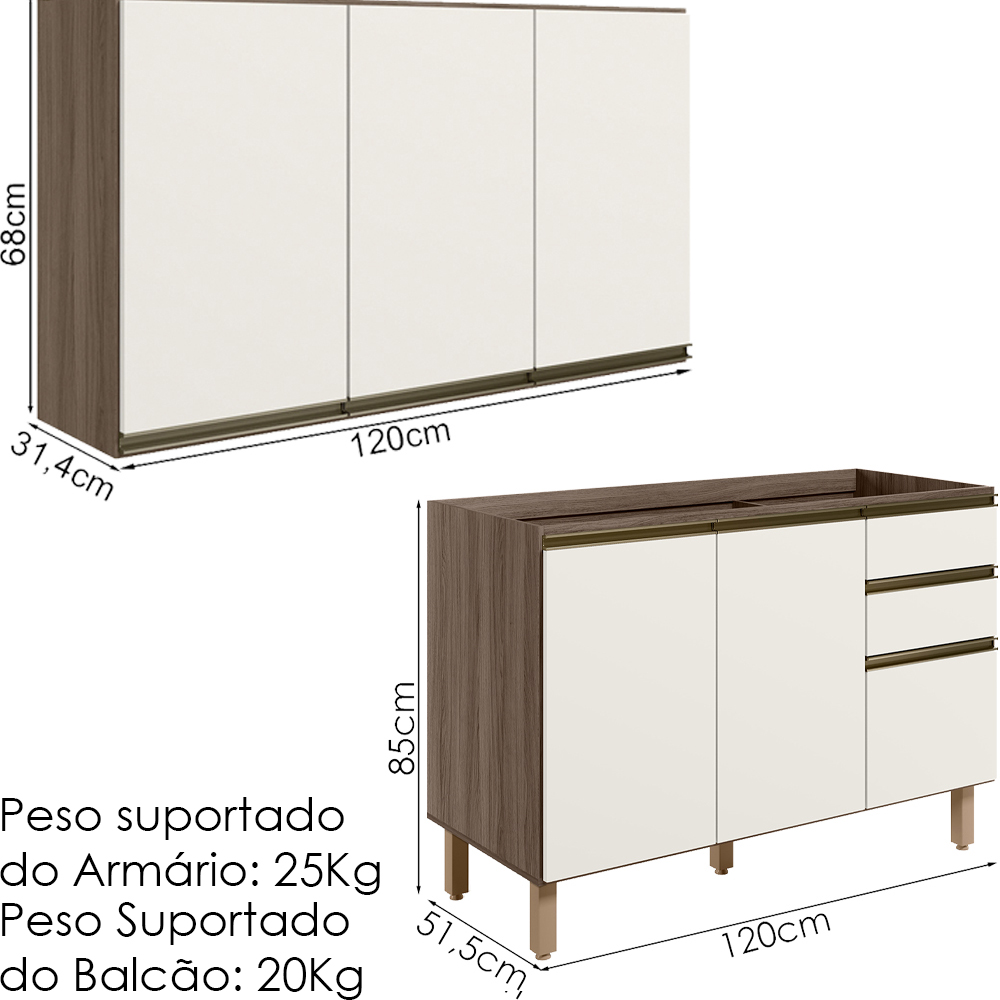 Armario Aereo Balcao Pia 120 cm MDF Kali Carvalho Toq Off White Cetim Nicioli