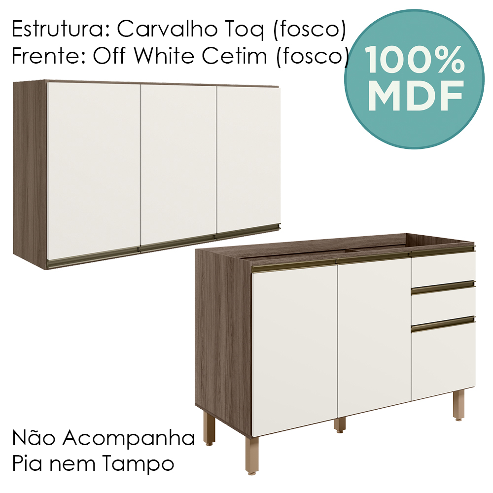 Armario Aereo Balcao Pia 120 cm MDF Kali Carvalho Toq Off White Cetim Nicioli