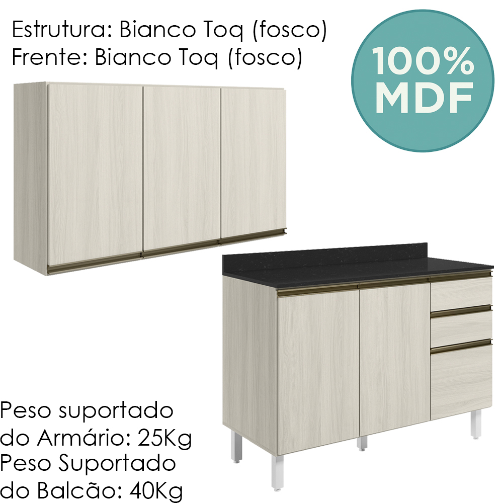 Armario Aereo Balcao Tampo 120cm MDF Kali Bianco Toq Bianco Toq Nicioli