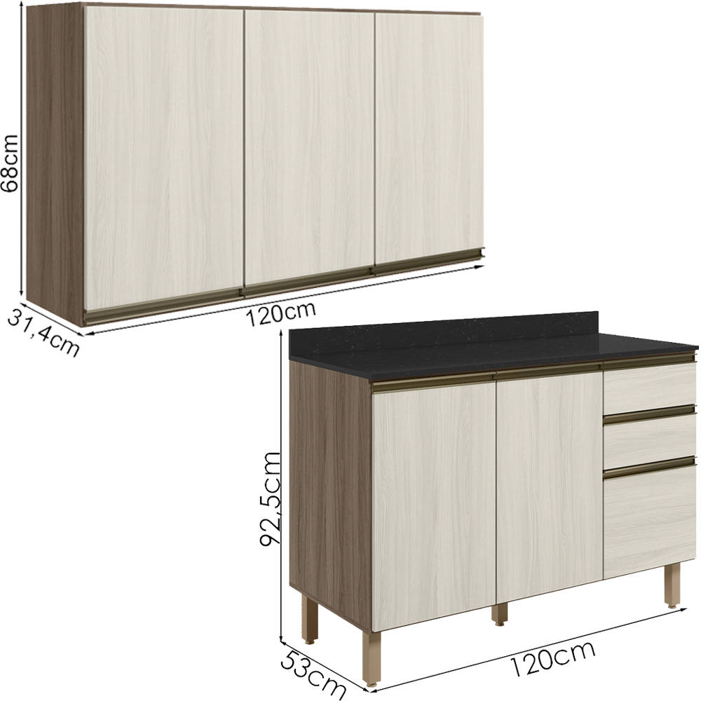 Armario Aereo Balcao Tampo 120cm MDF Kali Carvalho Toq Bianco Toq Nicioli