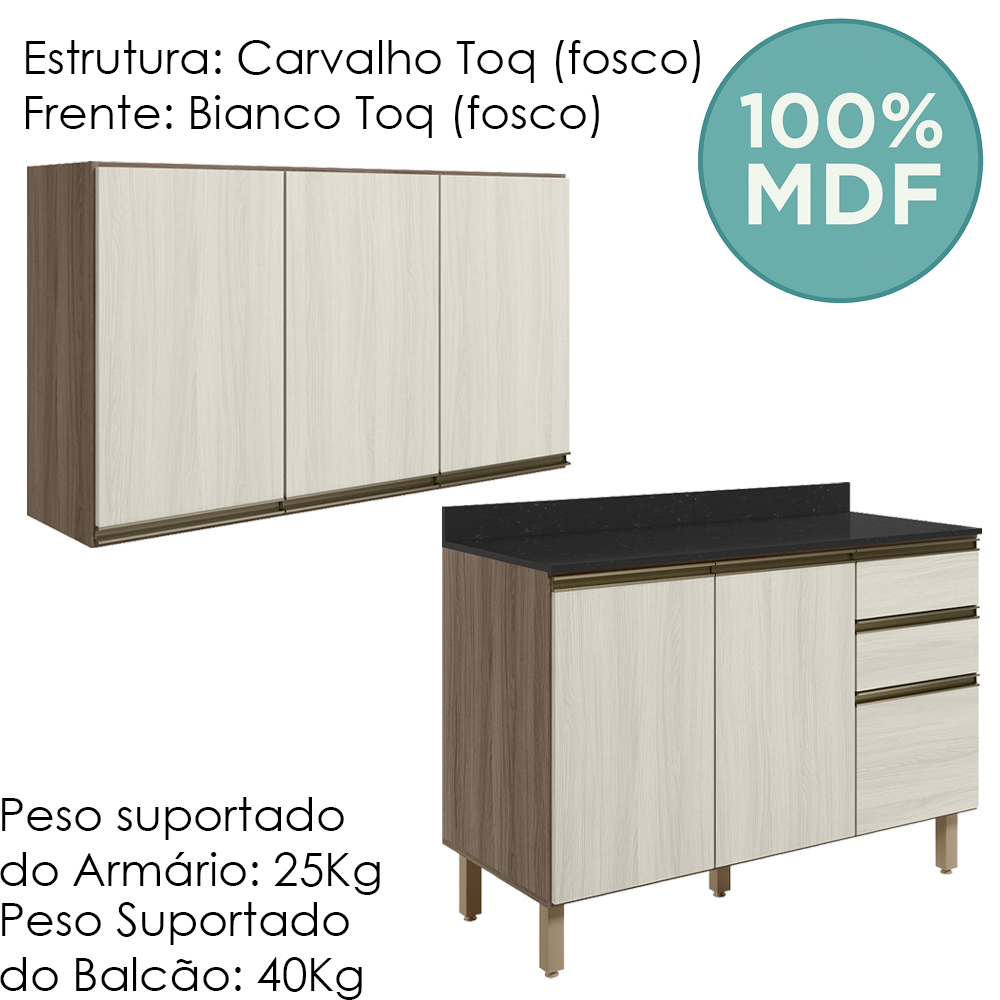 Armario Aereo Balcao Tampo 120cm MDF Kali Carvalho Toq Bianco Toq Nicioli