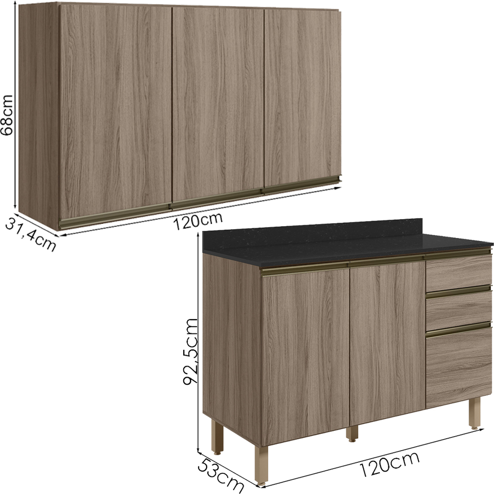 Armario Aereo Balcao Tampo 120cm MDF Kali Carvalho Toq Carvalho Toq Nicioli