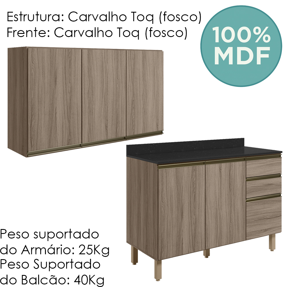 Armario Aereo Balcao Tampo 120cm MDF Kali Carvalho Toq Carvalho Toq Nicioli