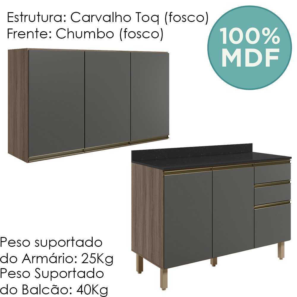 Armario Aereo Balcao Tampo 120cm MDF Kali Carvalho Toq Chumbo Nicioli