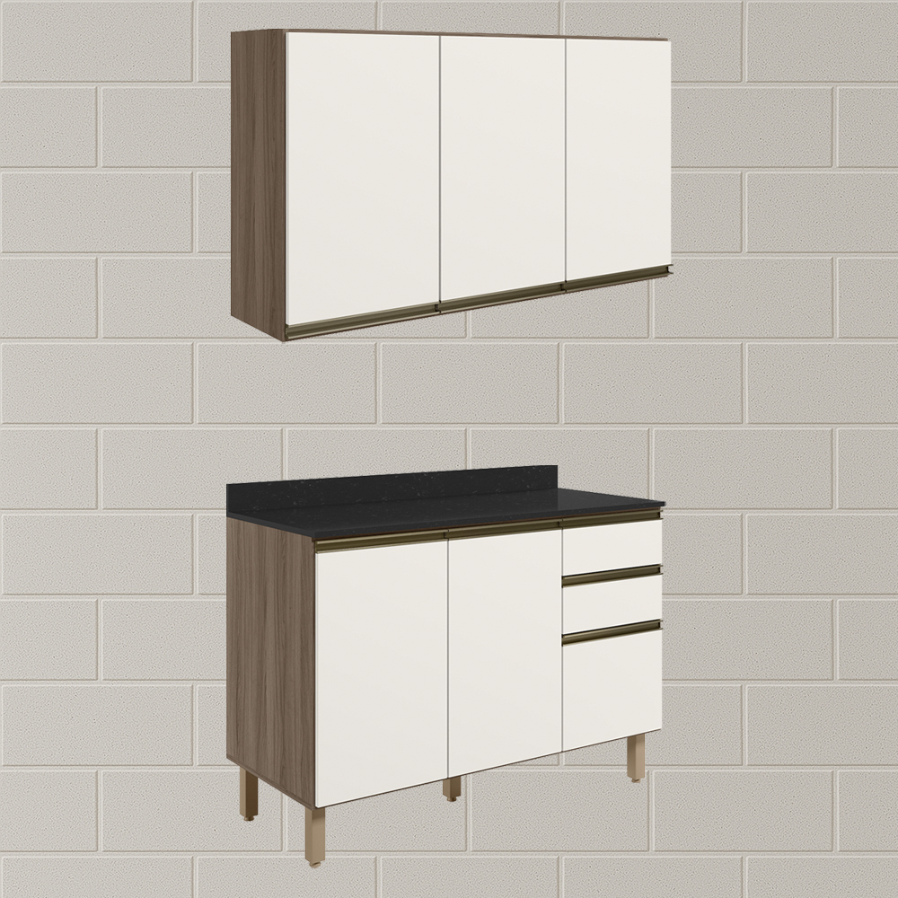 Armario Aereo Balcao Tampo 120cm MDF Kali Carvalho Toq Off White Cetim Nicioli