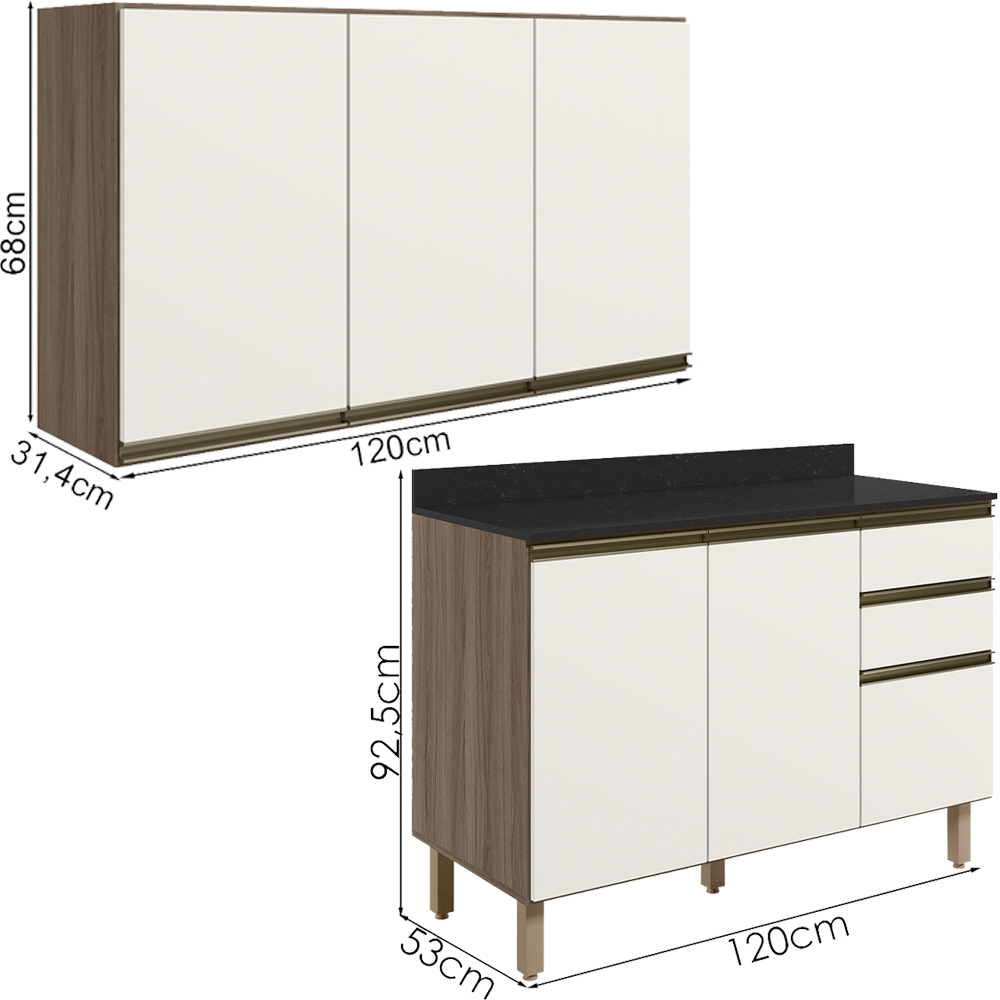 Armario Aereo Balcao Tampo 120cm MDF Kali Carvalho Toq Off White Cetim Nicioli
