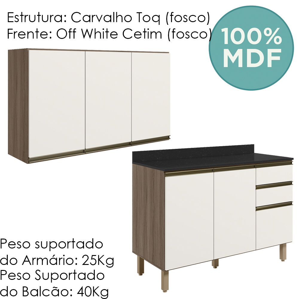 Armario Aereo Balcao Tampo 120cm MDF Kali Carvalho Toq Off White Cetim Nicioli