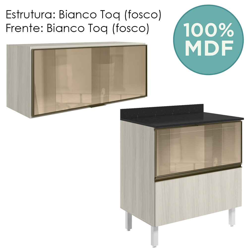 Armario Aereo E Balcao 1P 2G Vidro MDF Kali Bianco Toq Bianco Toq Nicioli