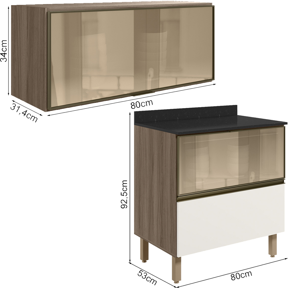 Armario Aereo E Balcao 1P 2G Vidro MDF Kali Carvalho Toq Off White Cetim Nicioli