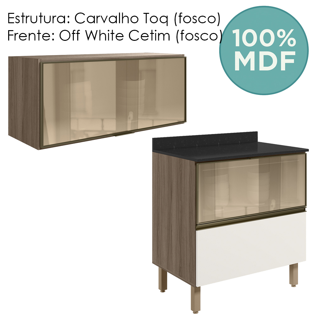 Armario Aereo E Balcao 1P 2G Vidro MDF Kali Carvalho Toq Off White Cetim Nicioli