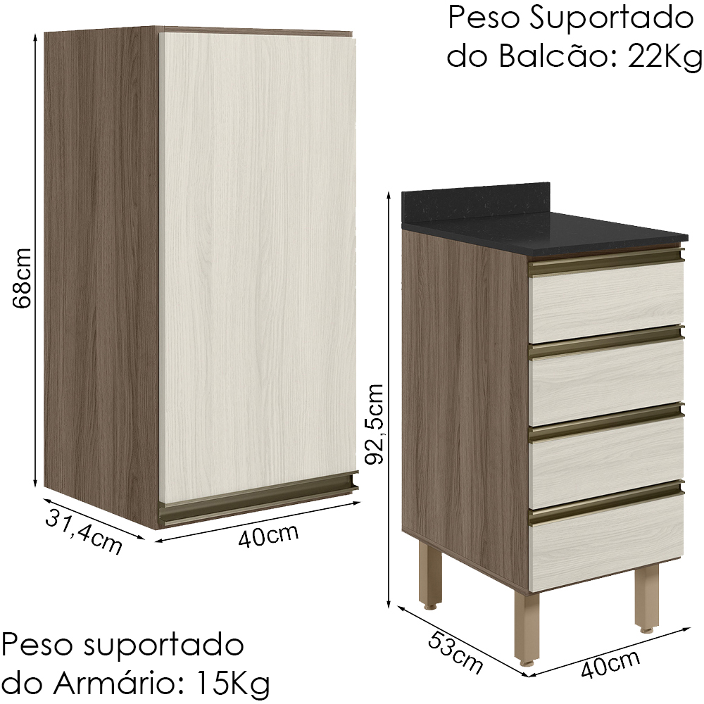 Armario Aereo E Balcao 1P 4G 40cm MDF Kali Carvalho Toq Bianco Toq Nicioli