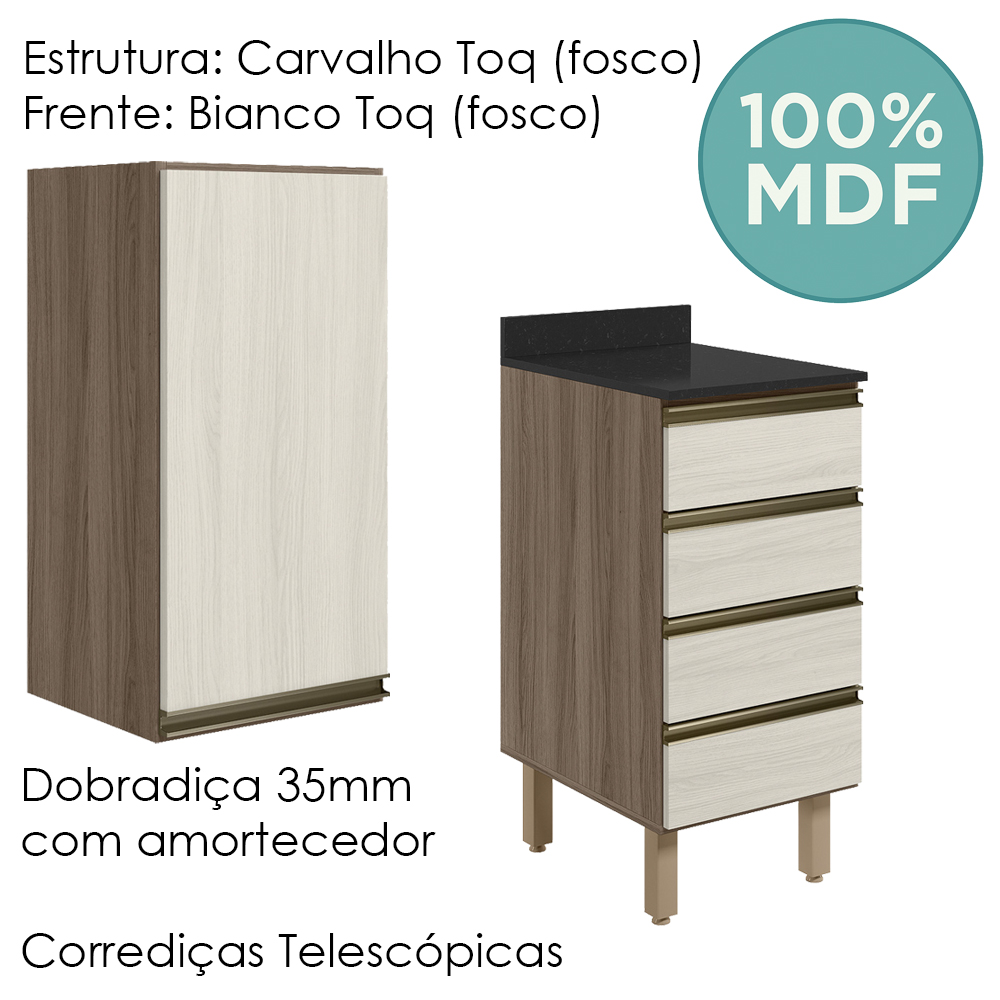 Armario Aereo E Balcao 1P 4G 40cm MDF Kali Carvalho Toq Bianco Toq Nicioli