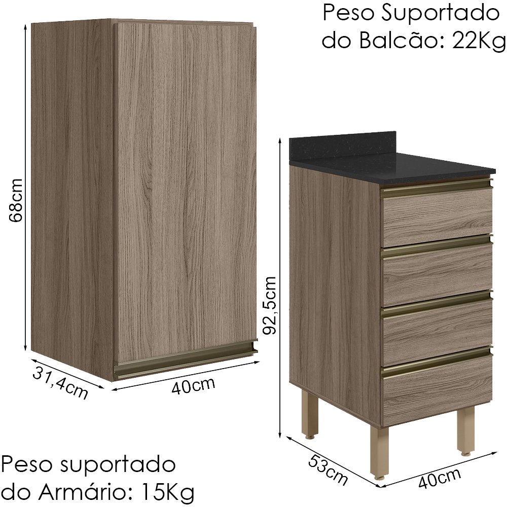 Armario Aereo E Balcao 1P 4G 40cm MDF Kali Carvalho Toq Carvalho Toq Nicioli