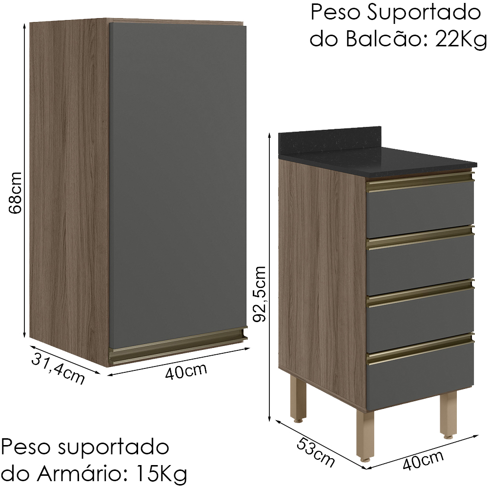 Armario Aereo E Balcao 1P 4G 40cm MDF Kali Carvalho Toq Chumbo Nicioli