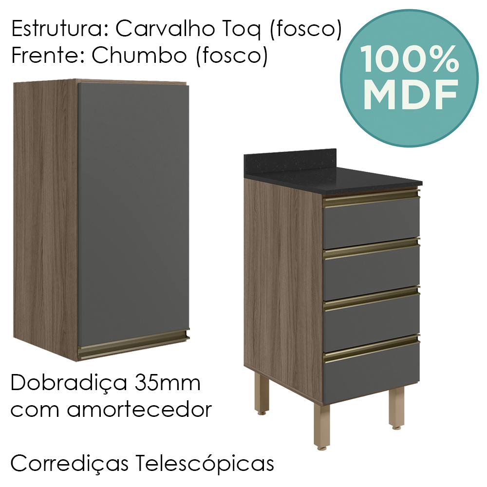 Armario Aereo E Balcao 1P 4G 40cm MDF Kali Carvalho Toq Chumbo Nicioli