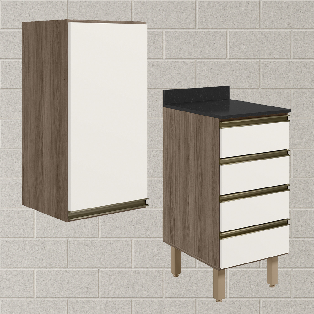 Armario Aereo E Balcao 1P 4G 40cm MDF Kali Carvalho Toq Off White Cetim Nicioli