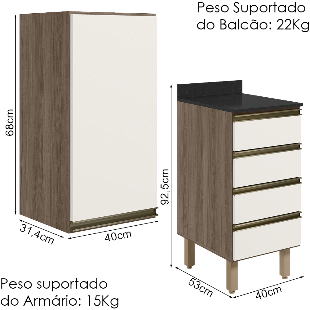 Armario Aereo E Balcao 1P 4G 40cm MDF Kali Carvalho Toq Off White Cetim Nicioli