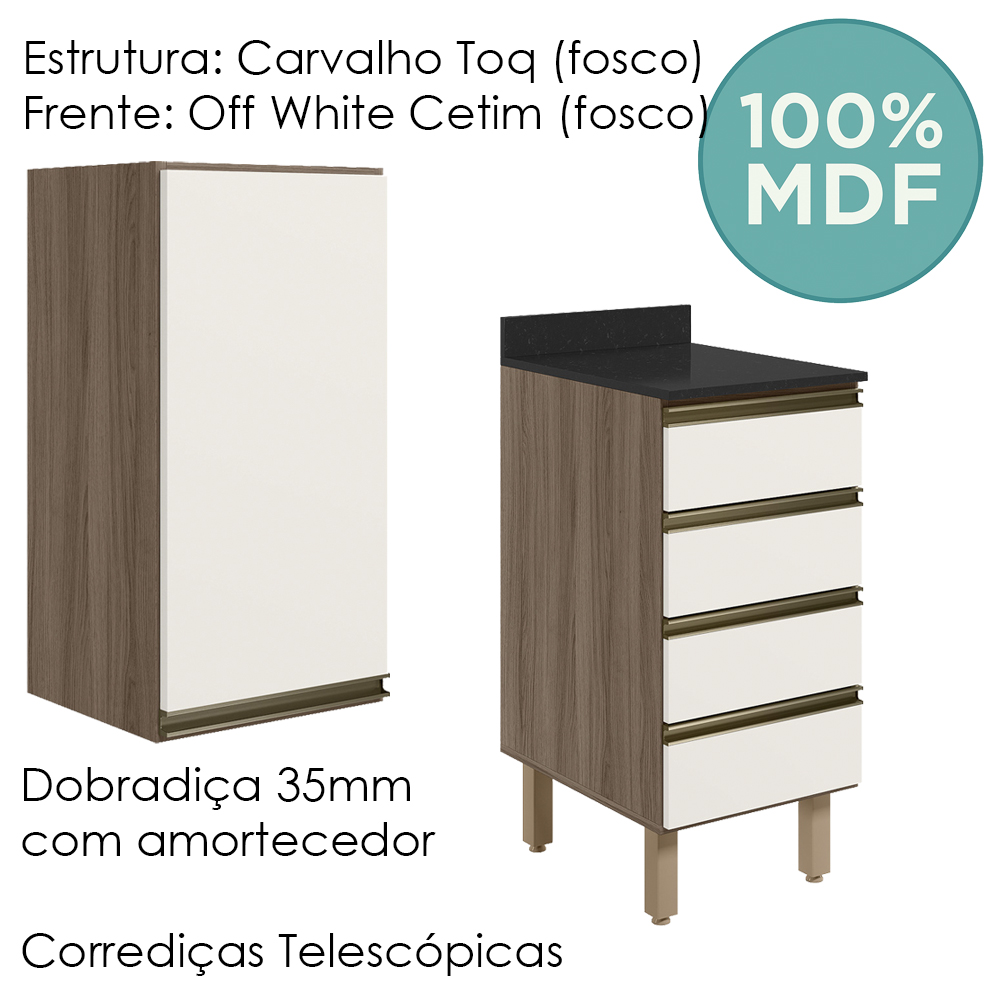 Armario Aereo E Balcao 1P 4G 40cm MDF Kali Carvalho Toq Off White Cetim Nicioli