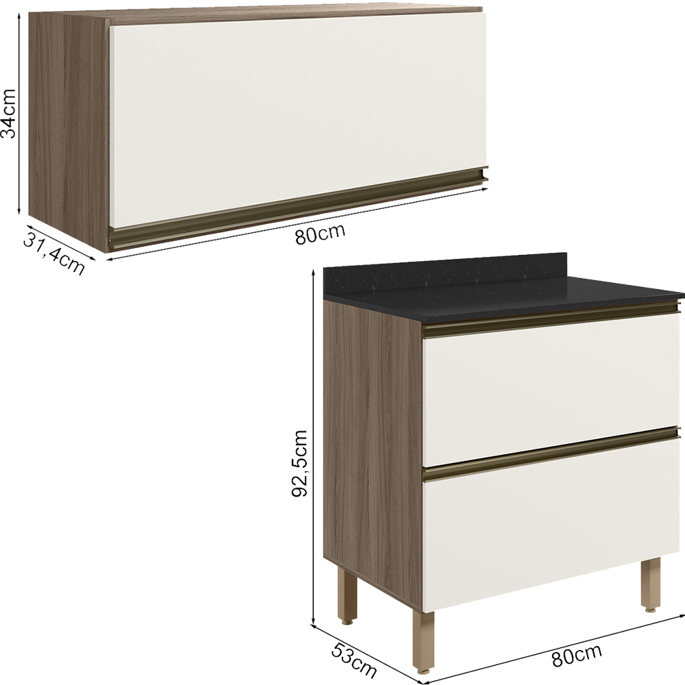 Armario Aereo E Balcao 2 Gavetas MDF Kali Carvalho Toq Off White Cetim Nicioli