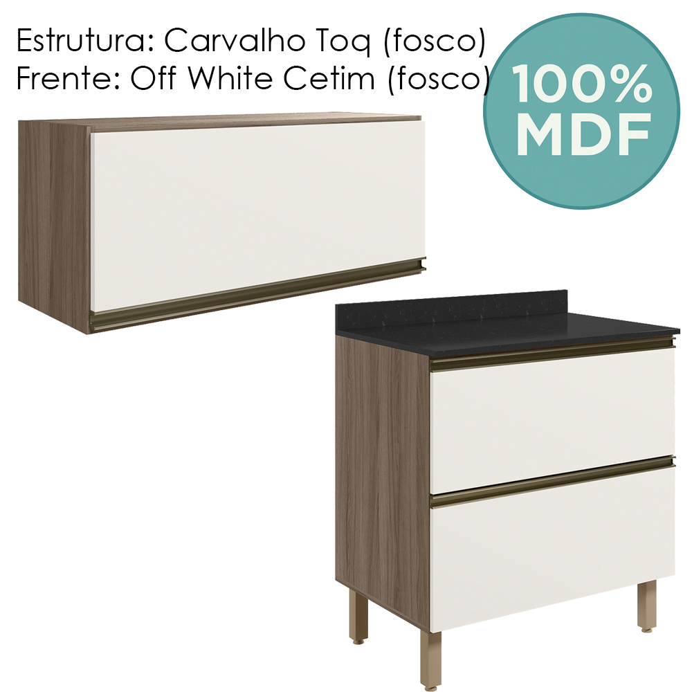 Armario Aereo E Balcao 2 Gavetas MDF Kali Carvalho Toq Off White Cetim Nicioli