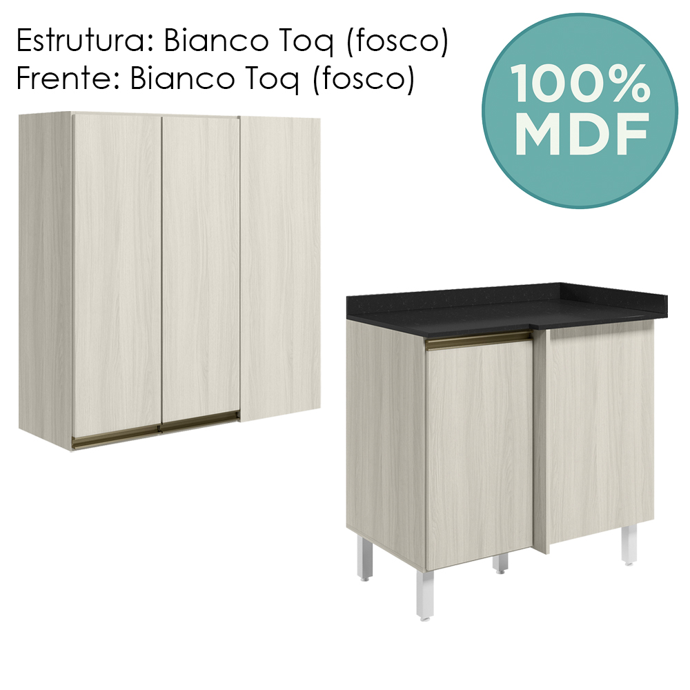 Armario Aereo E Balcao Canto Reto MDF Kali Bianco Toq Bianco Toq Nicioli