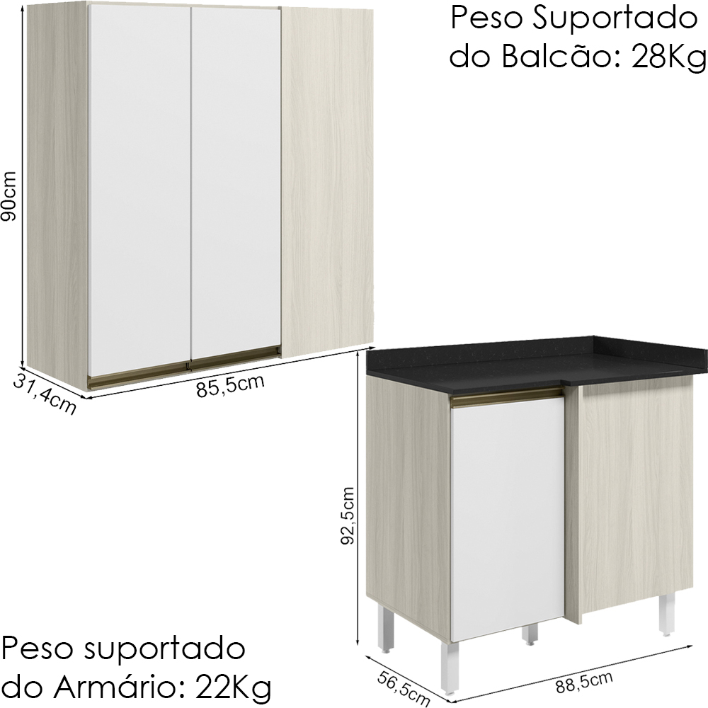 Armario Aereo E Balcao Canto Reto MDF Kali Bianco Toq Branco Uv Nicioli