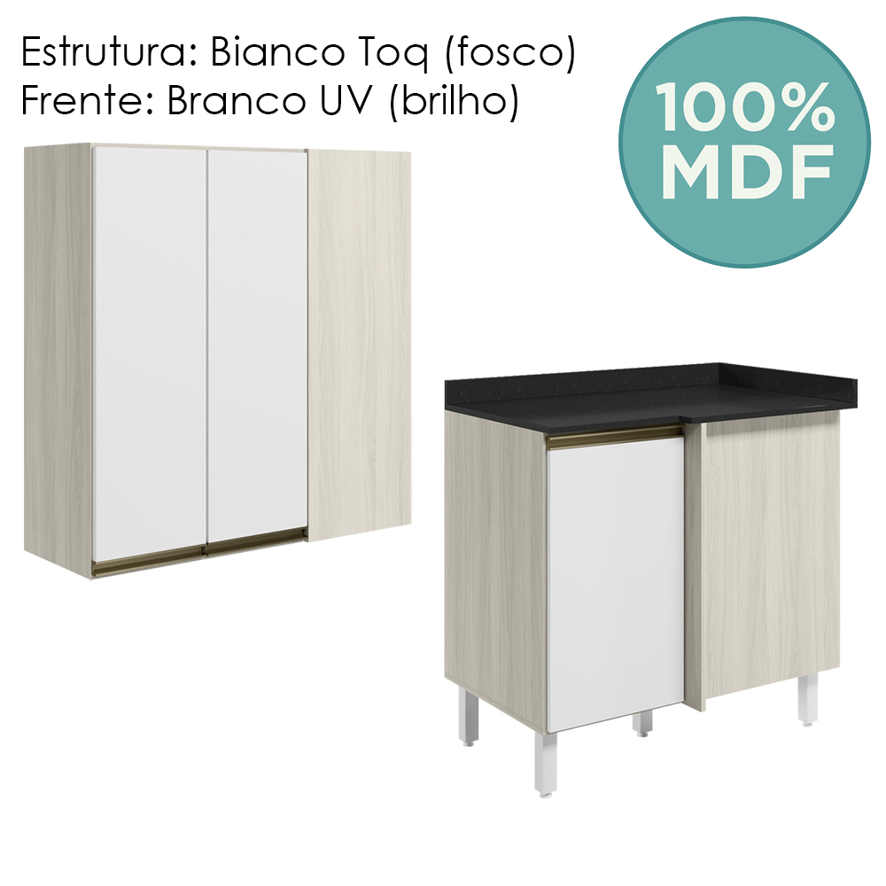 Armario Aereo E Balcao Canto Reto MDF Kali Bianco Toq Branco Uv Nicioli