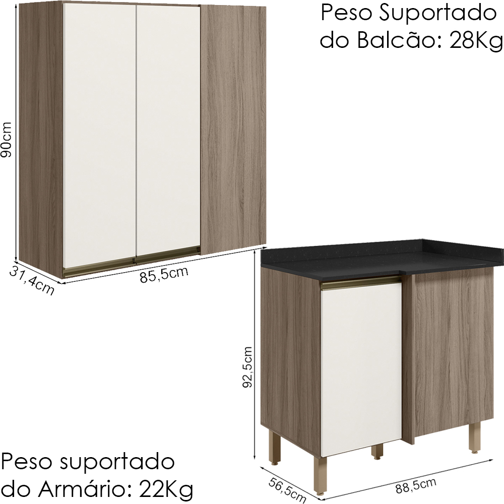Armario Aereo E Balcao Canto Reto MDF Kali Carvalho Toq Off White Cetim Nicioli