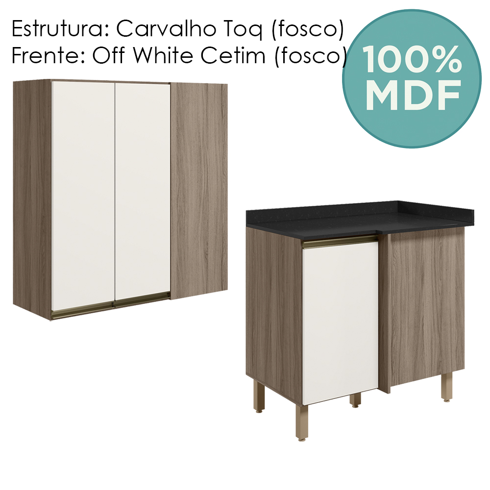 Armario Aereo E Balcao Canto Reto MDF Kali Carvalho Toq Off White Cetim Nicioli