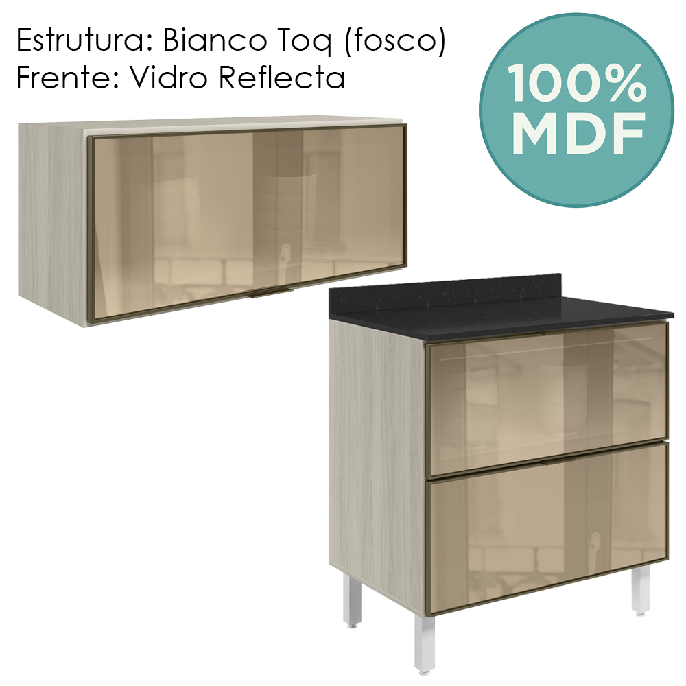 Armario Aereo E Balcao Em Vidro 1P 2G 80cm MDF Kali Bianco Toq Nicioli