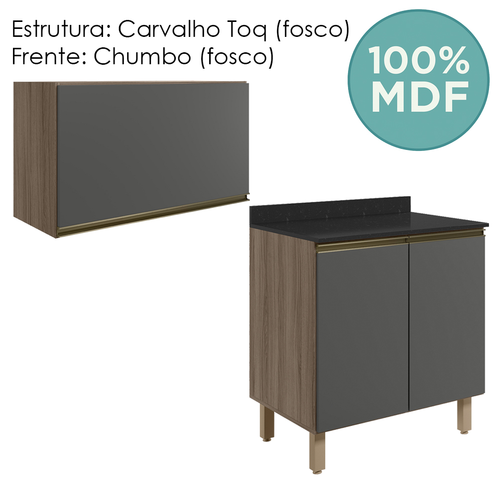Armario Aereo E Balcao MDF 60cm Kali Carvalho Toq Chumbo Nicioli