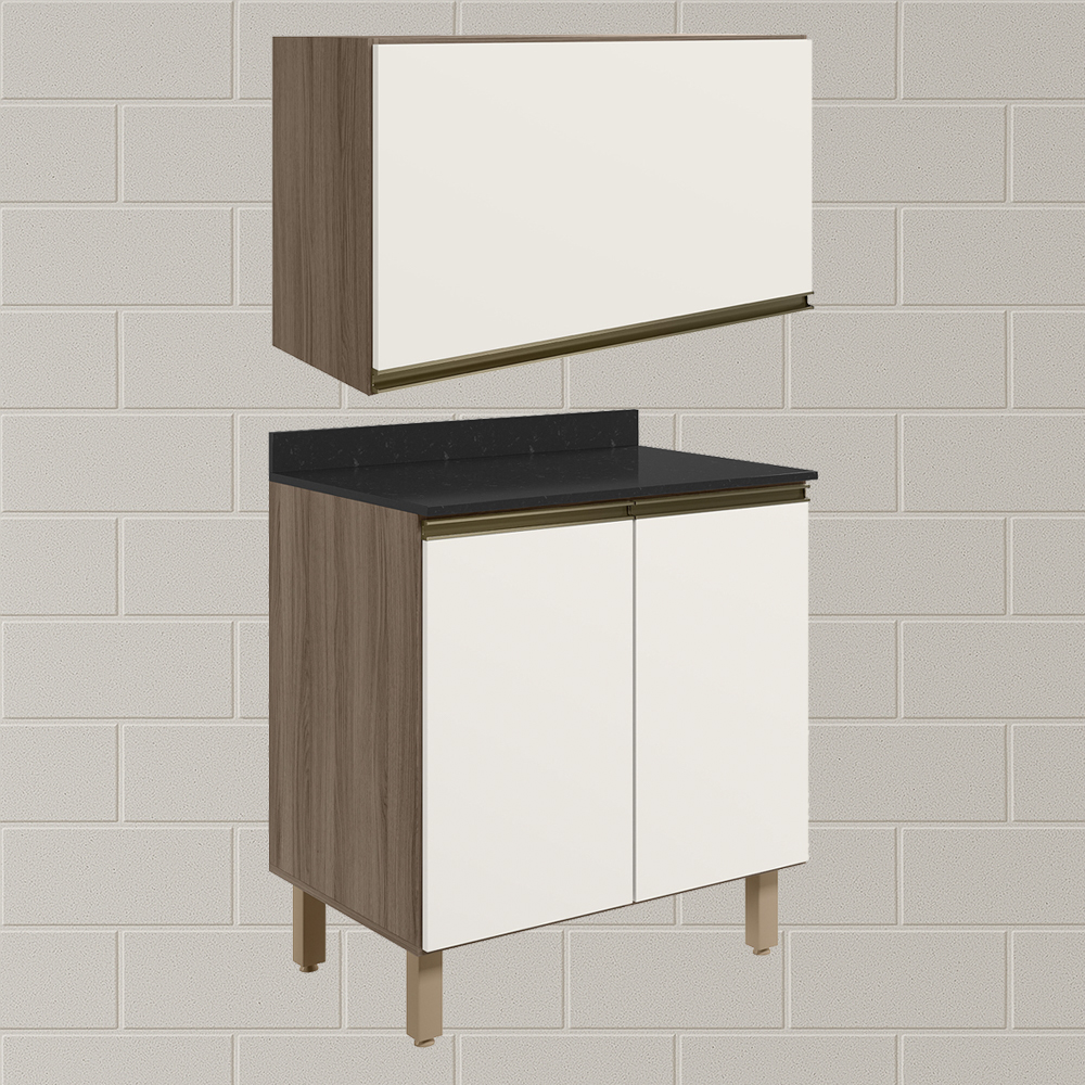 Armario Aereo E Balcao MDF 60cm Kali Carvalho Toq Off White Cetim Nicioli