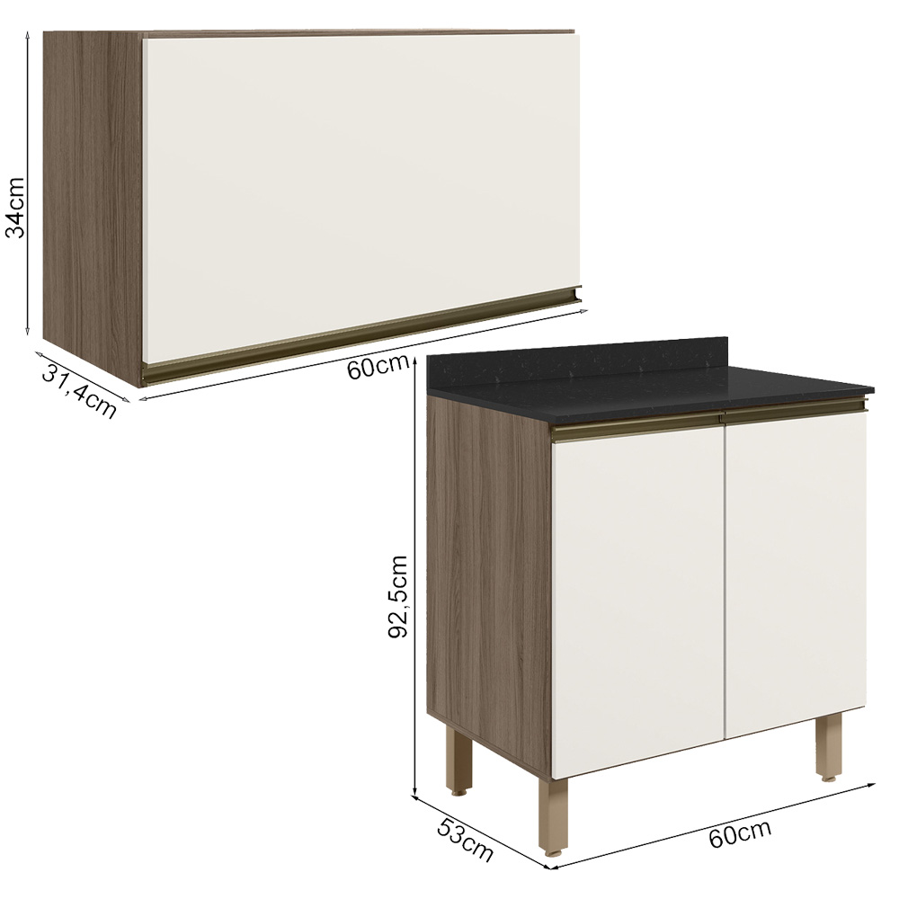 Armario Aereo E Balcao MDF 60cm Kali Carvalho Toq Off White Cetim Nicioli