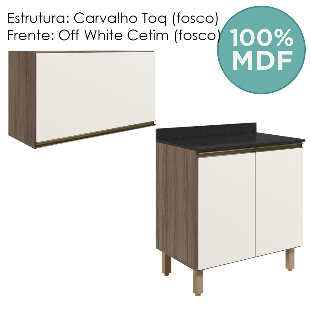 Armario Aereo E Balcao MDF 60cm Kali Carvalho Toq Off White Cetim Nicioli