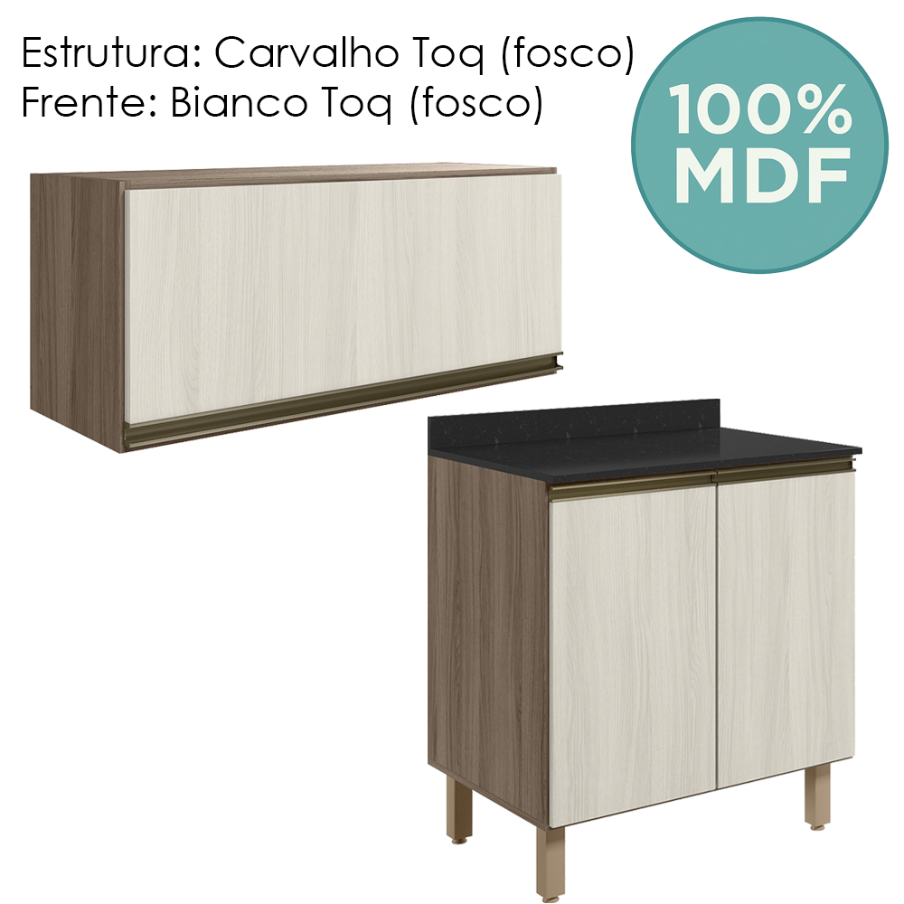 Armario Aereo E Balcao MDF 70cm Kali Carvalho Toq Bianco Toq Nicioli
