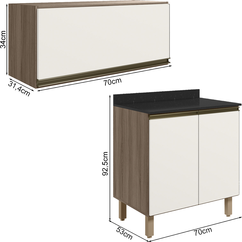 Armario Aereo E Balcao MDF 70cm Kali Carvalho Toq Off White Cetim Nicioli