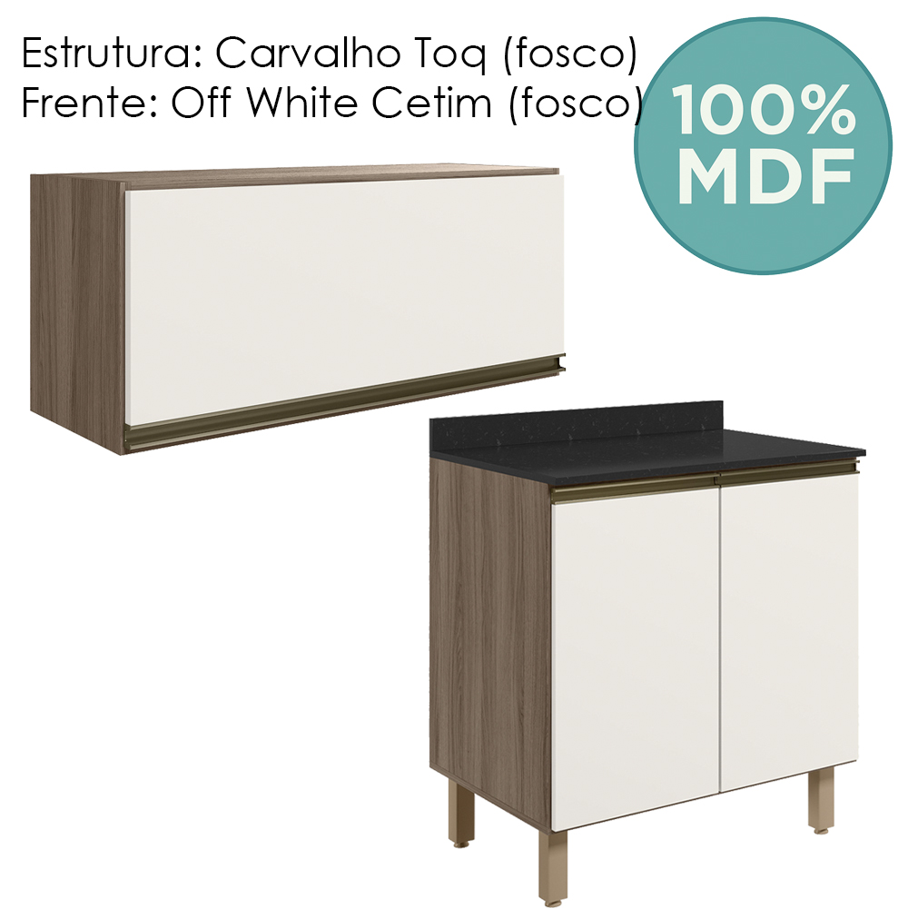 Armario Aereo E Balcao MDF 70cm Kali Carvalho Toq Off White Cetim Nicioli