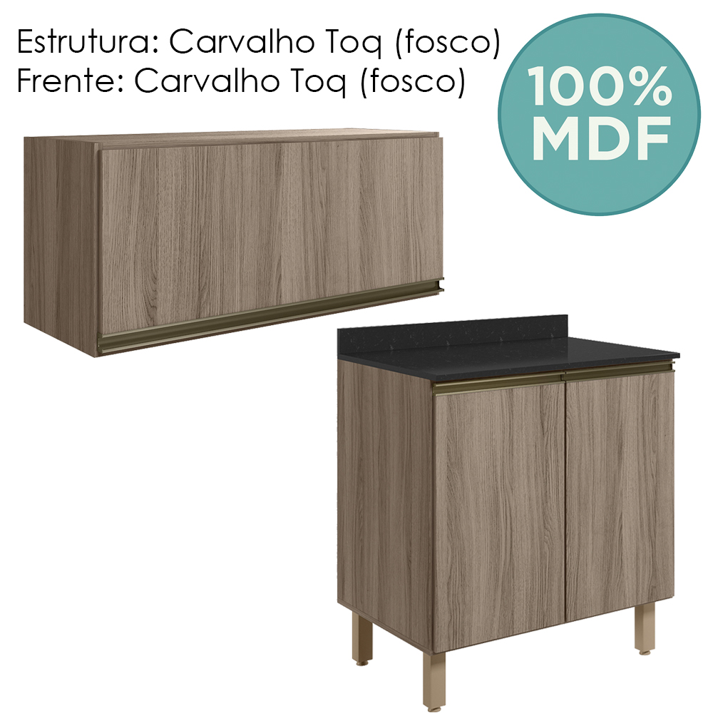 Armario Aereo E Balcao MDF 80cm Kali Carvalho Toq Carvalho Toq Nicioli